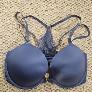 Victoria's Secret Push Up Front Close Lace Back Bra 36DD Midnight Blue
